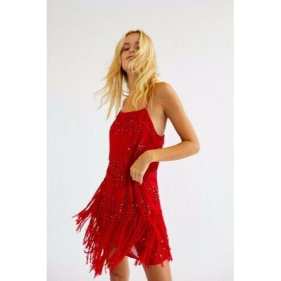 Free People Crystal Clear Mini Fringe Sequin Dress Fiery Red - Picture 5 of 8